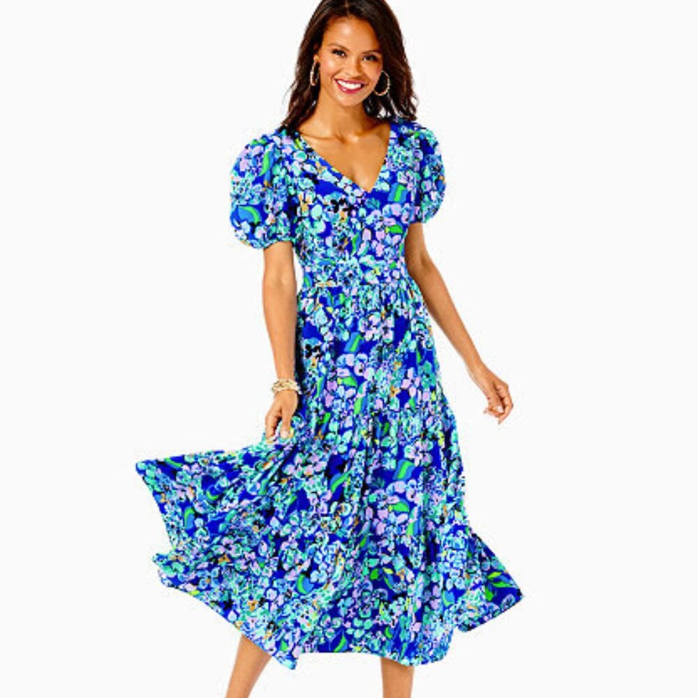 NWT Lilly Pulitzer Grace Tiered Midi Dress Blue Grotto Twilight Tropics